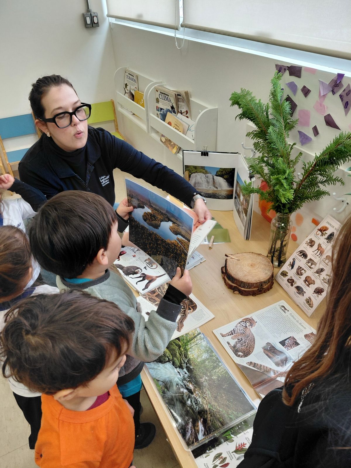 Professora mostrando um livro de natureza para as crianças